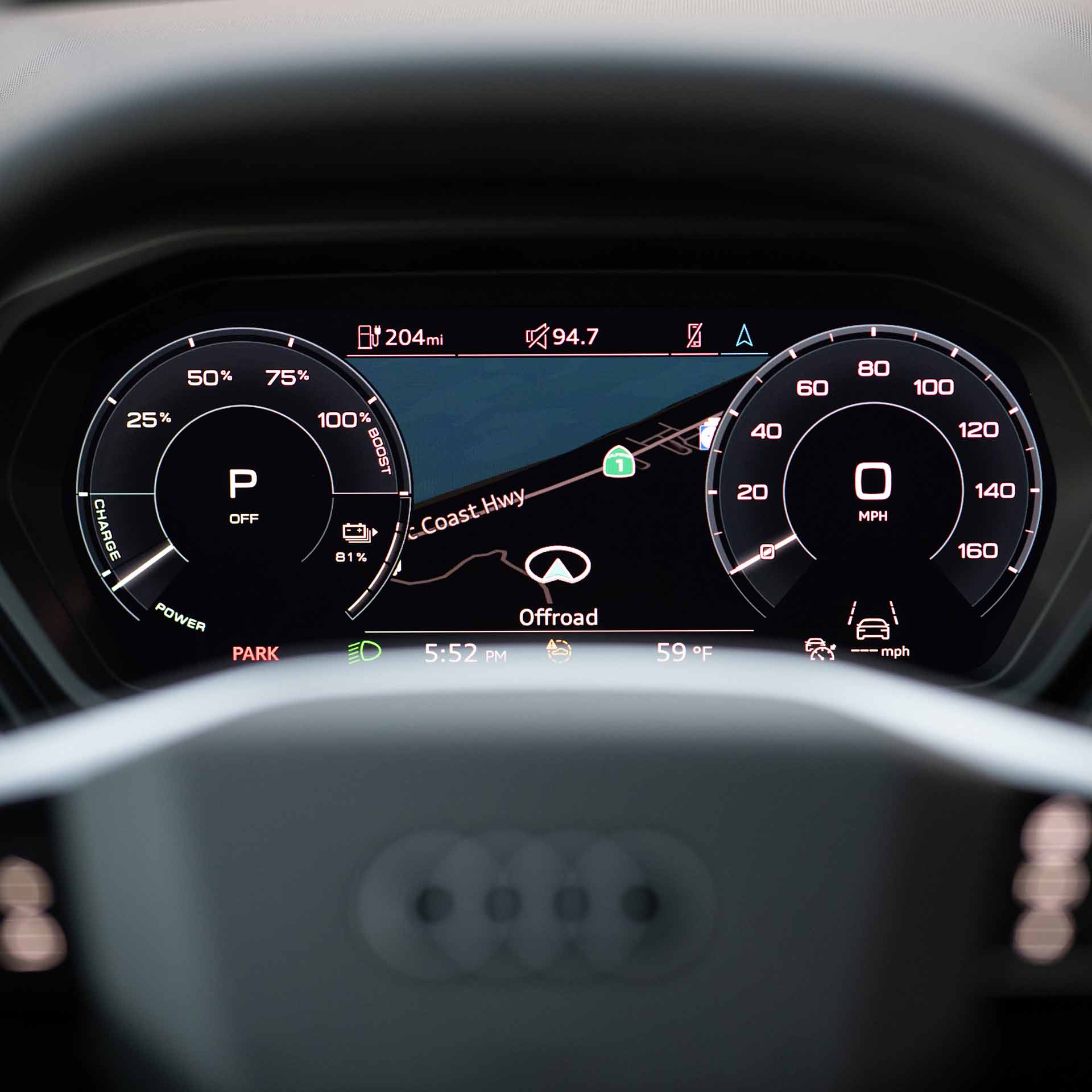Close-up of the virtual cockpit in the Audi Q4 Sportback e-tron. 