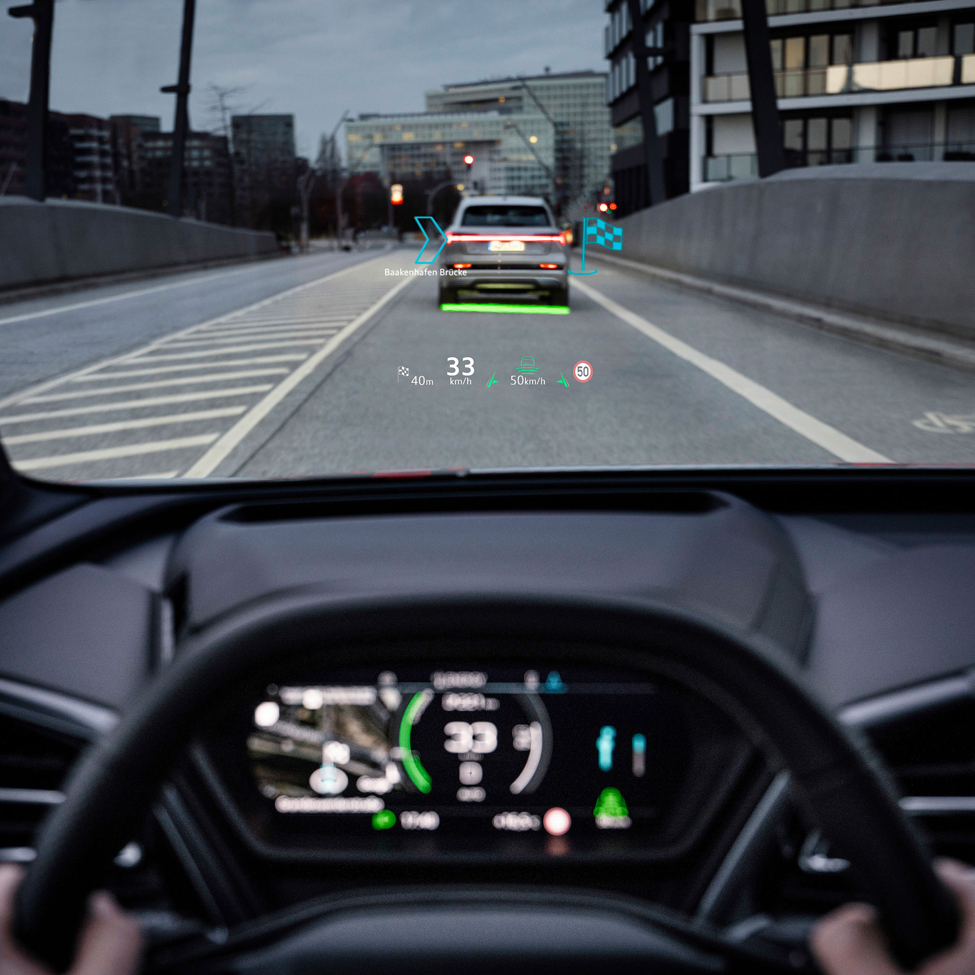 Augmented reality head-up display in driver side line-of-sight in the Audi Q4 Sportback e-tron.